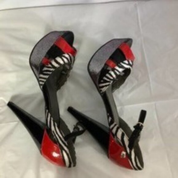 Guess 1.5" Platform 5" Stiletto Heels Open Toe Red, Black, White Zebra 8 N/W/O/B - Picture 7 of 10